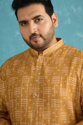 mustard printed silk blend kurta traditional ethnic wear for wedding & festive occasions