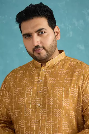 mustard printed silk blend kurta