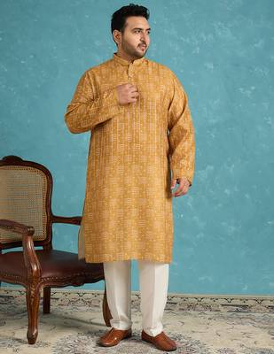 mustard printed silk blend kurta traditional ethnic wear for wedding & festive occasions 2