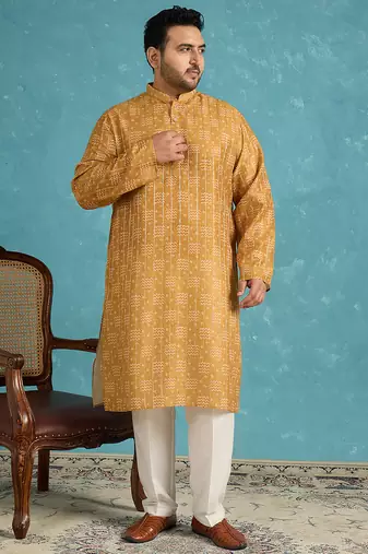 mustard printed silk blend kurta