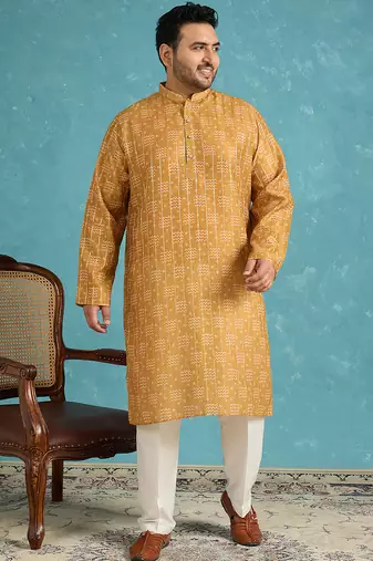 mustard printed silk blend kurta