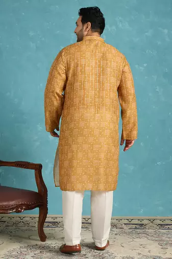 mustard printed silk blend kurta