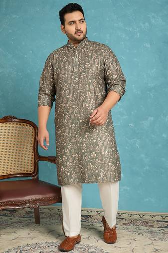 olive printed silk blend kurta