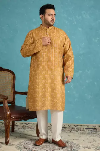 mustard printed silk blend kurta