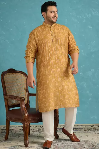 mustard printed silk blend kurta