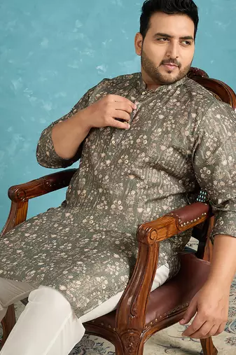 olive printed silk blend kurta