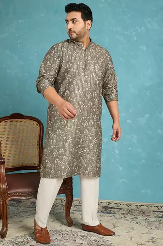 olive printed silk blend kurta