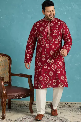 red printed silk blend kurta