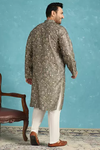 olive printed silk blend kurta