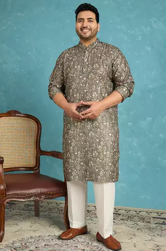 olive printed silk blend kurta