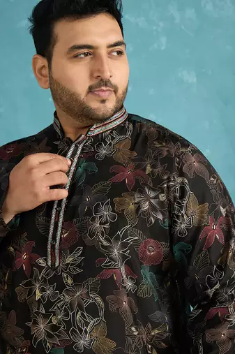 black printed silk blend kurta