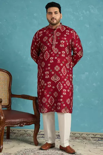 red printed silk blend kurta