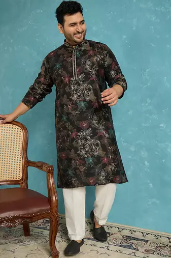 black printed silk blend kurta