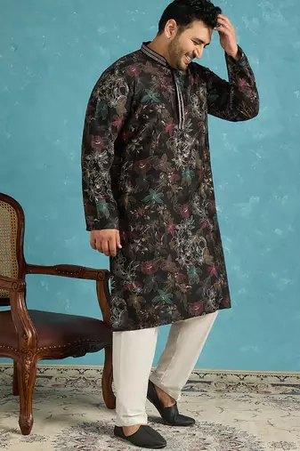 black printed silk blend kurta