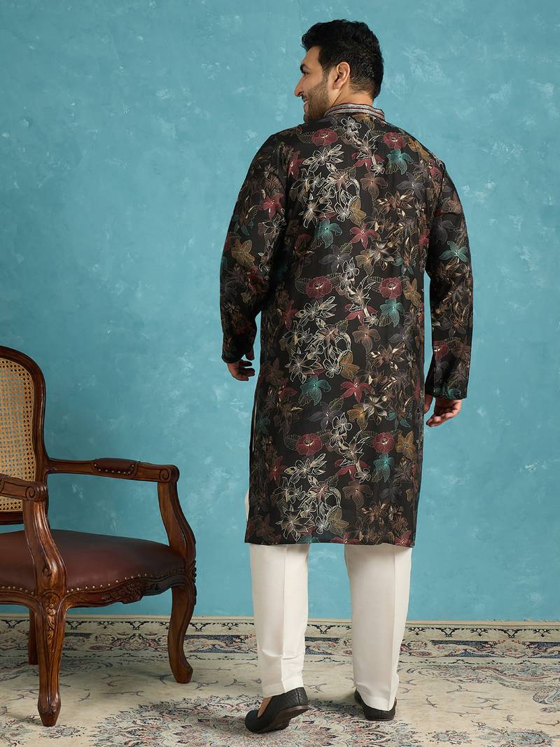 black printed silk blend kurta
