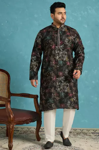 black printed silk blend kurta