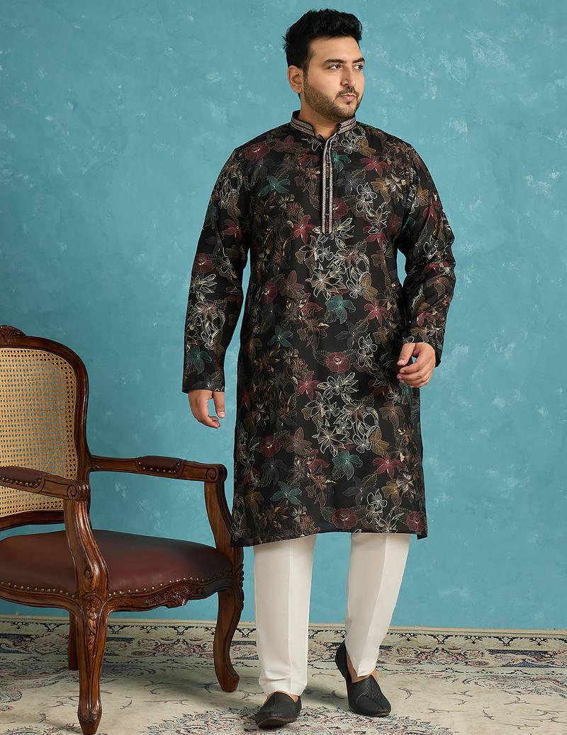 black printed silk blend kurta