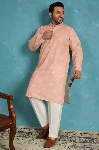 peach embroidered viscose rayon kurta