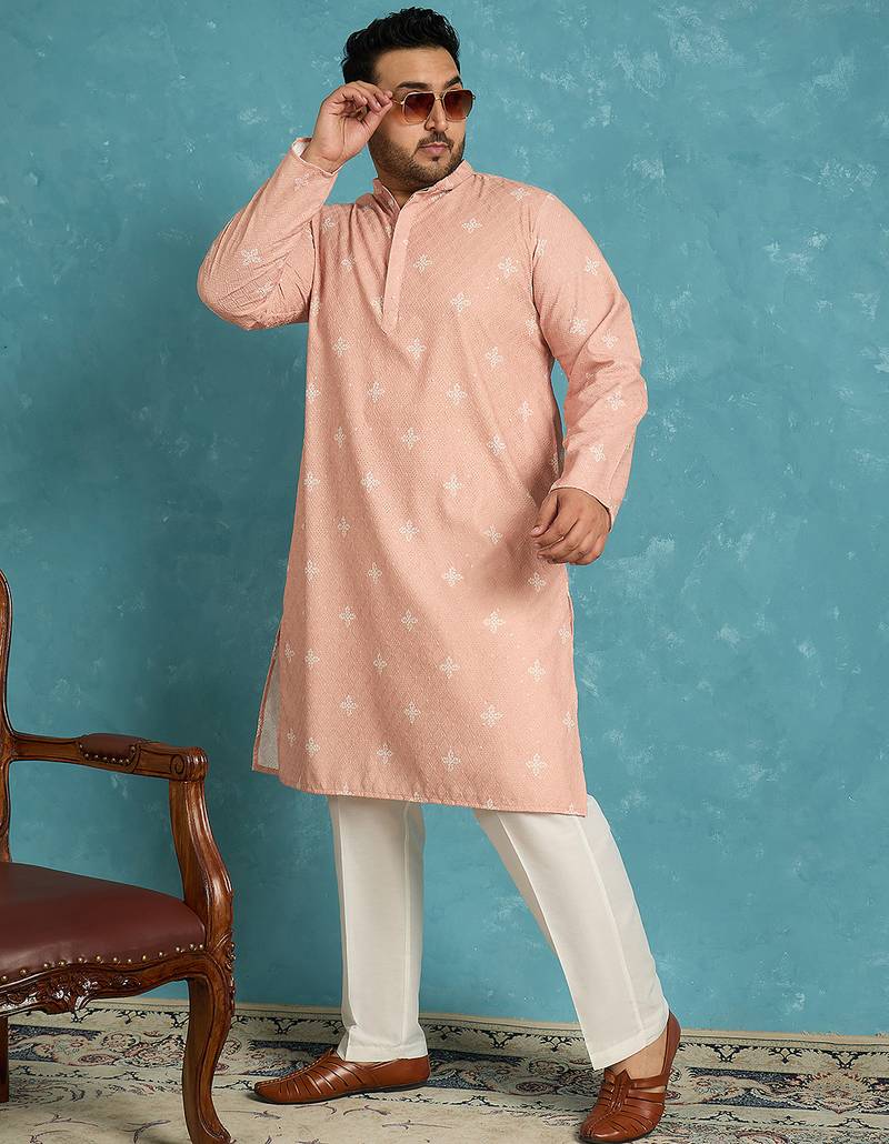 peach embroidered viscose rayon kurta