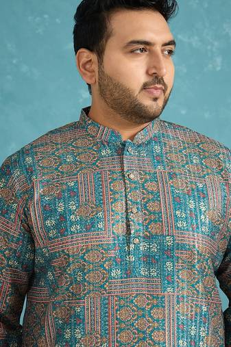 blue printed silk blend kurta