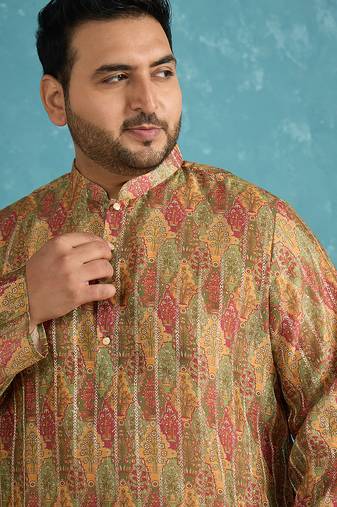 green printed silk blend kurta traditional ethnic wear for wedding & festive occasions