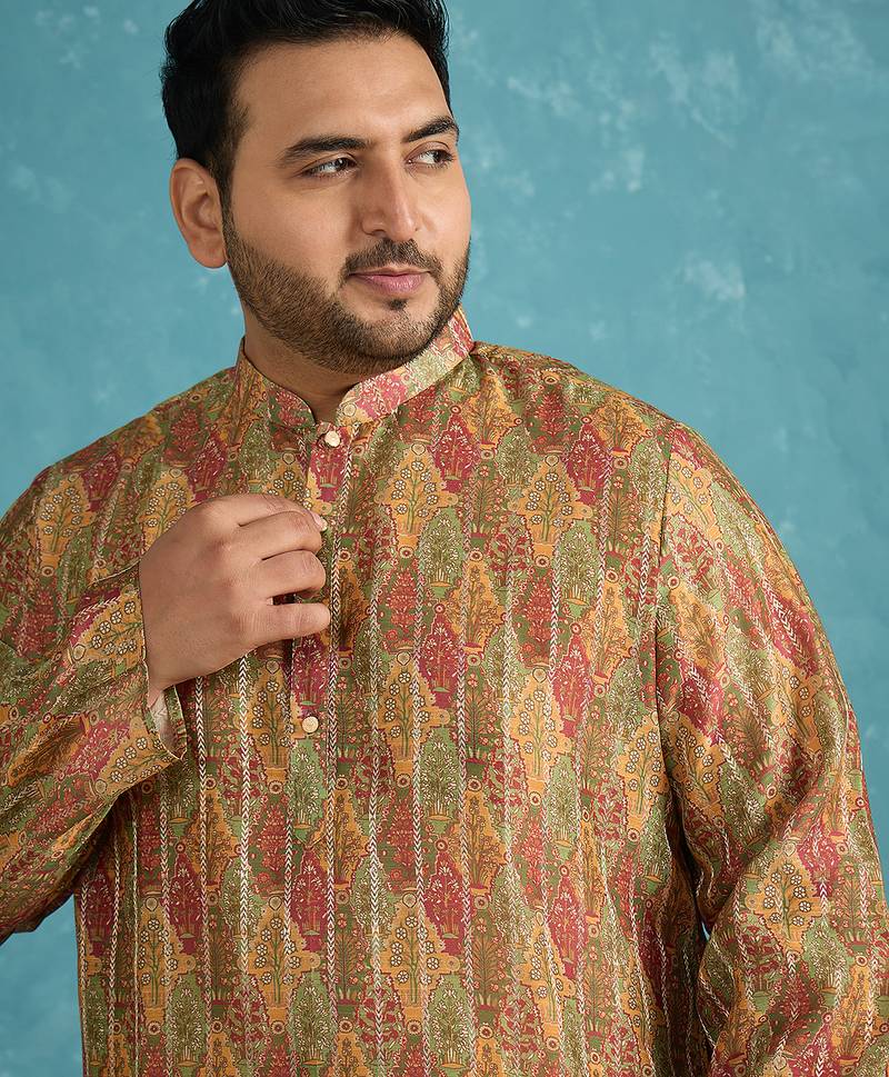 green printed silk blend kurta traditional ethnic wear for wedding & festive occasions