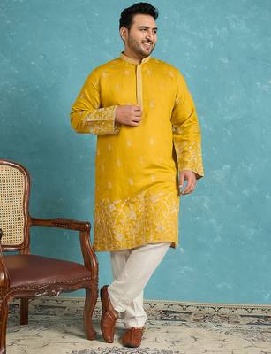 yellow embroidered silk blend kurta traditional ethnic wear for wedding & festive occasions 1