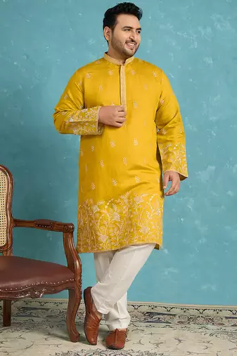 yellow embroidered silk blend kurta