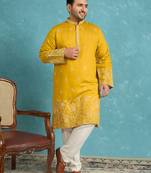 yellow embroidered silk blend kurta traditional ethnic wear for wedding & festive occasions