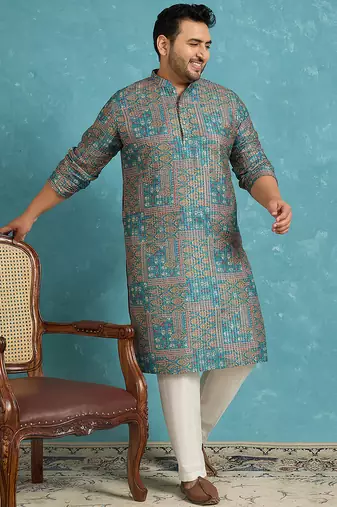 blue printed silk blend kurta