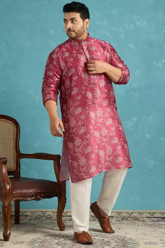 maroon printed silk blend kurta