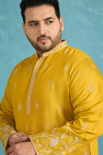 yellow embroidered silk blend kurta