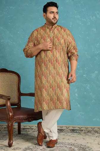 green printed silk blend kurta
