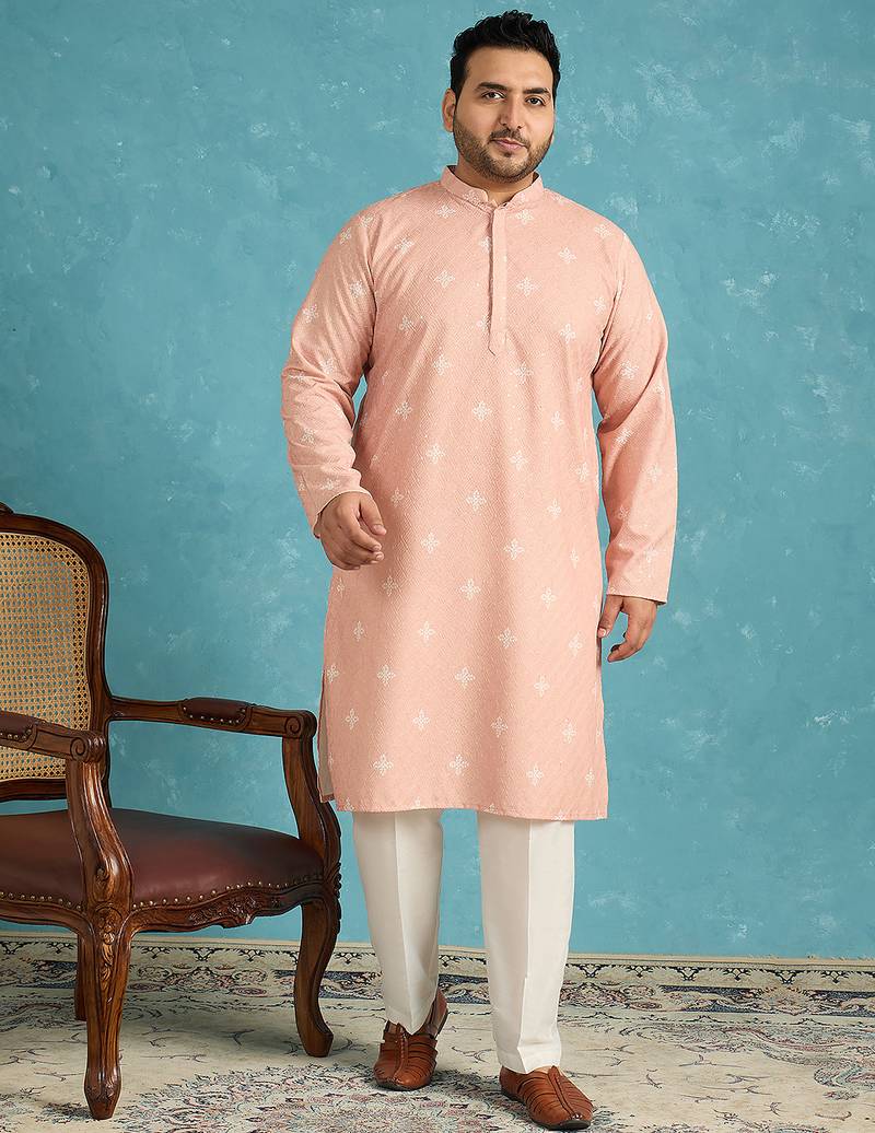 peach embroidered viscose rayon kurta