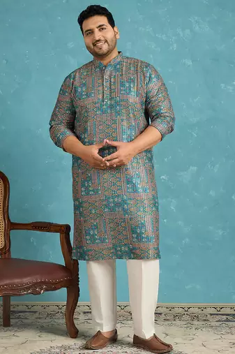 blue printed silk blend kurta