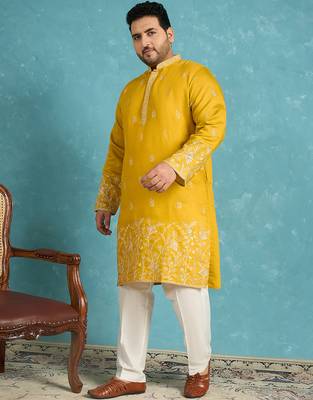 yellow embroidered silk blend kurta traditional ethnic wear for wedding & festive occasions 3