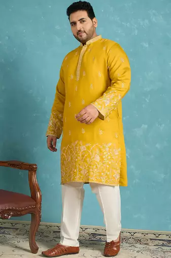yellow embroidered silk blend kurta
