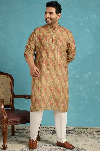 green printed silk blend kurta