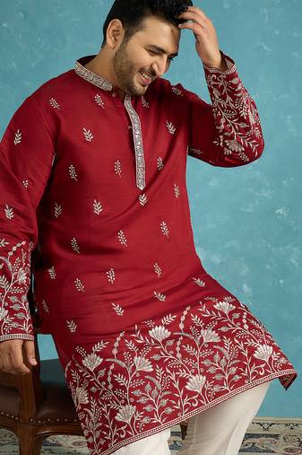 Men’s maroon embroidered silk blend kurta – traditional ethnic wear for wedding & festive occasions