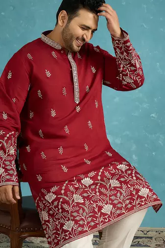 Men’s maroon embroidered silk blend kurta – traditional ethnic wear for wedding & festive occasions