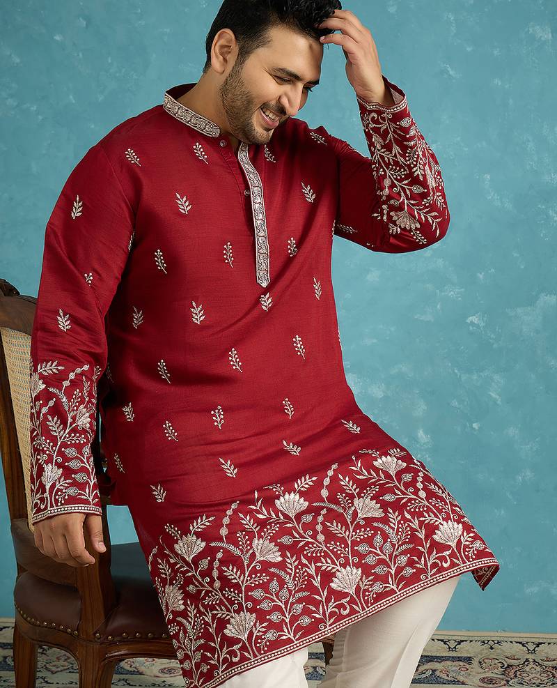 Men’s maroon embroidered silk blend kurta – traditional ethnic wear for wedding & festive occasions