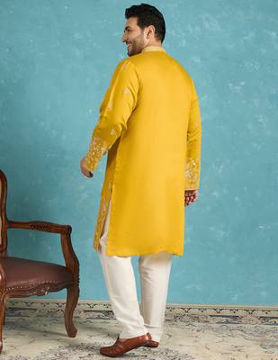 yellow embroidered silk blend kurta traditional ethnic wear for wedding & festive occasions 4