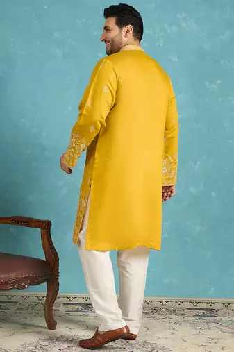 yellow embroidered silk blend kurta