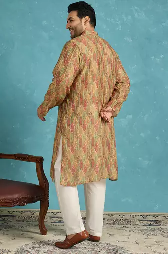 green printed silk blend kurta