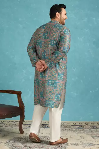 blue printed silk blend kurta