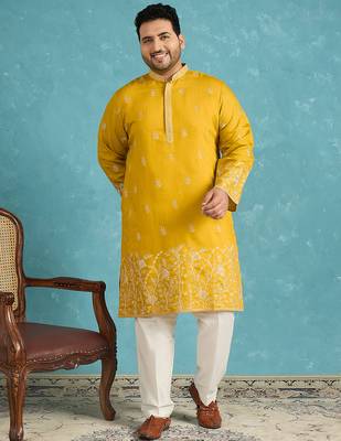 yellow embroidered silk blend kurta traditional ethnic wear for wedding & festive occasions 5