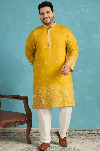 yellow embroidered silk blend kurta