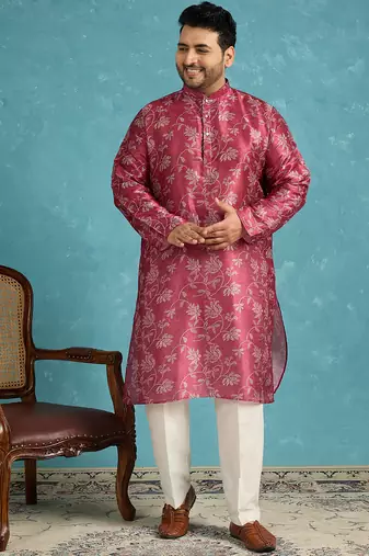 maroon printed silk blend kurta