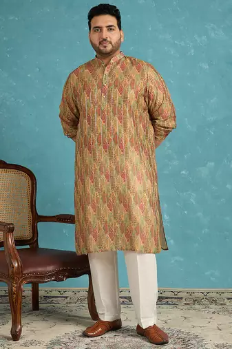 green printed silk blend kurta