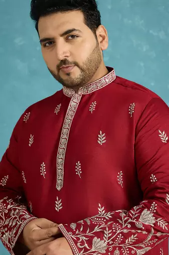 Men’s maroon embroidered silk blend kurta – traditional ethnic wear for wedding & festive occasions